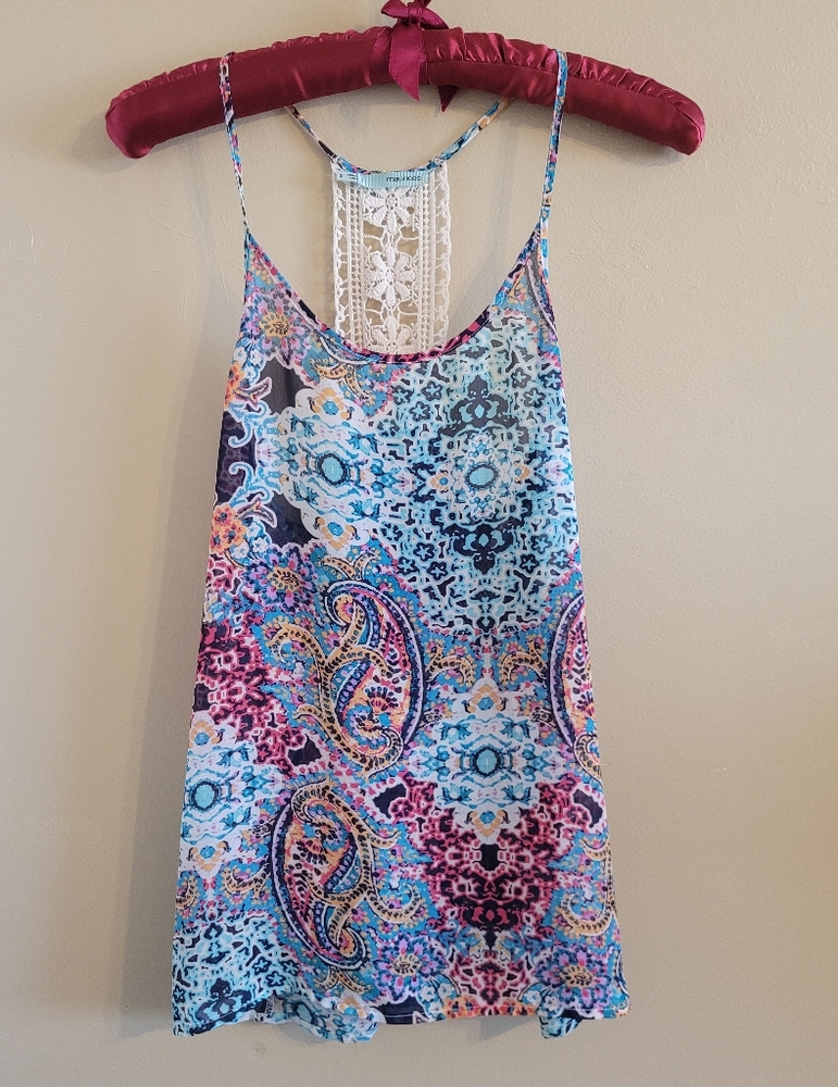 Maurices | Tank Top Lightweight Blue & Pink Lace Racer Back EUC